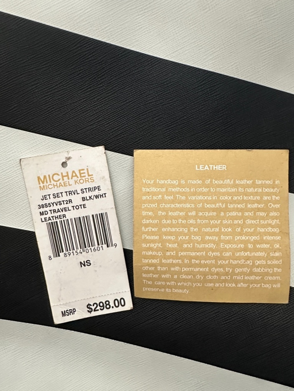 Michael Kors Jet Set Black and White Striped Tote with Gold Plaque - Picture 6 of 6